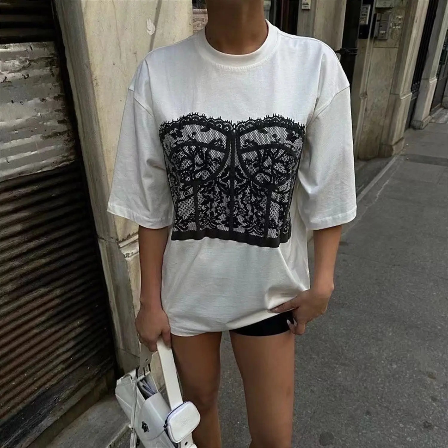 American retro national trend loose and versatile casual street pure cotton short-sleeved with chic printed tie tops 250118