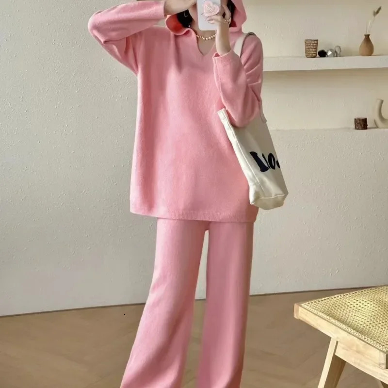 Fashion womens knitted sweater set suitable for autumn and winter loose hooded casual straight leg wide pants twopiece 250122
