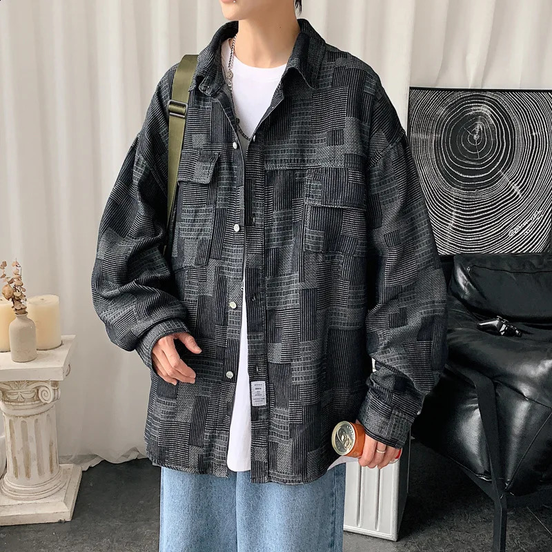 Hong Kong Style Autumn Denim Work Jacket Harajuku Shirt Men Thin Japanese Fashion Loose Longsleeved Casual 250110