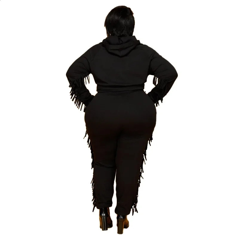 XL5XL Plus Size Women Clothing Two Piece Set Winter Outfits Long Sleeve Tassels Hoodie Sweatsuit for Female Suits 250122