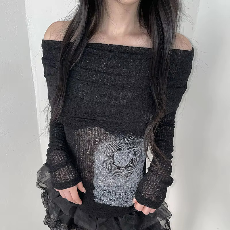 Rockmore Chic Retro One-Shoulder Printed Top Slim Thin Long Sleeve T-Shirt Vintage Streetwear Aesthetic Haruku Casual Outfits