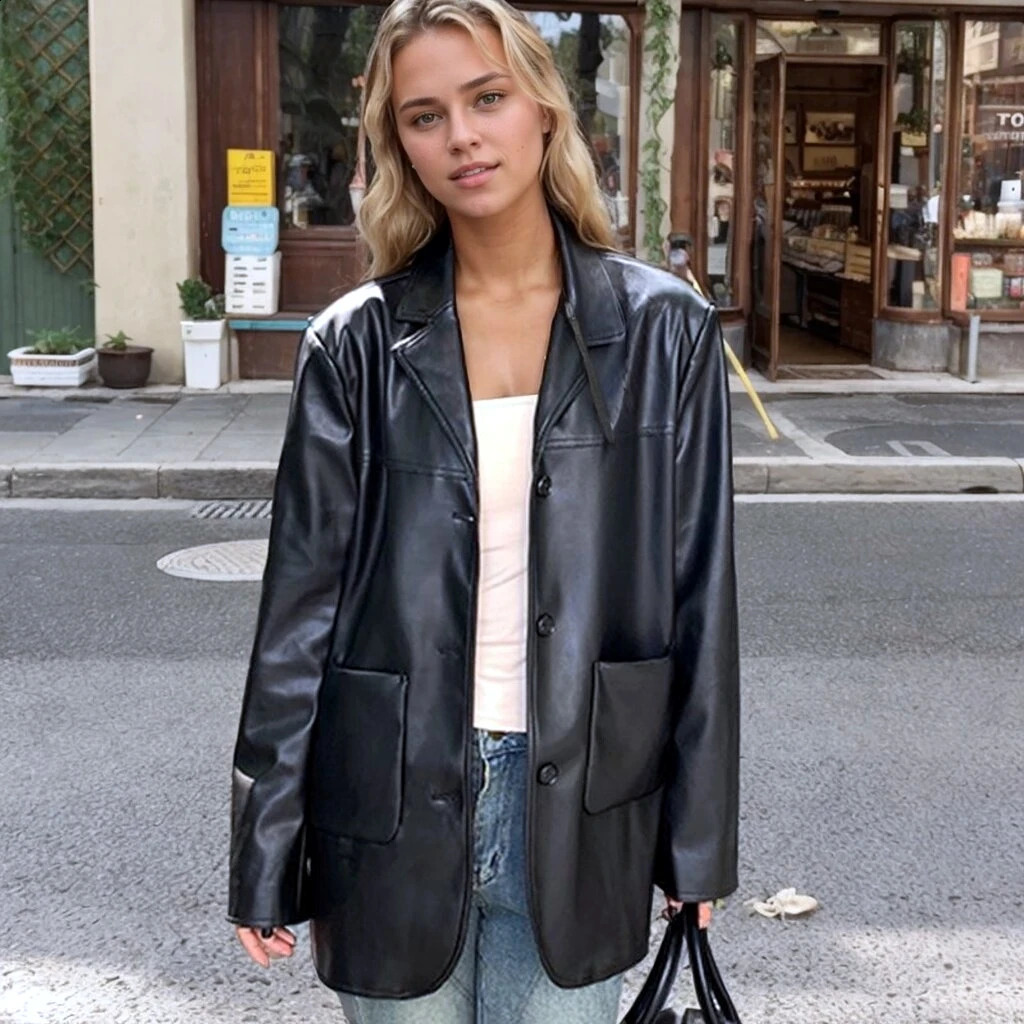 High Quality Soft Sheepskin Leather Long Sleeve Jacket For Women Top Coat Loose Outerwear Ladies Streetwear Clothing 250122