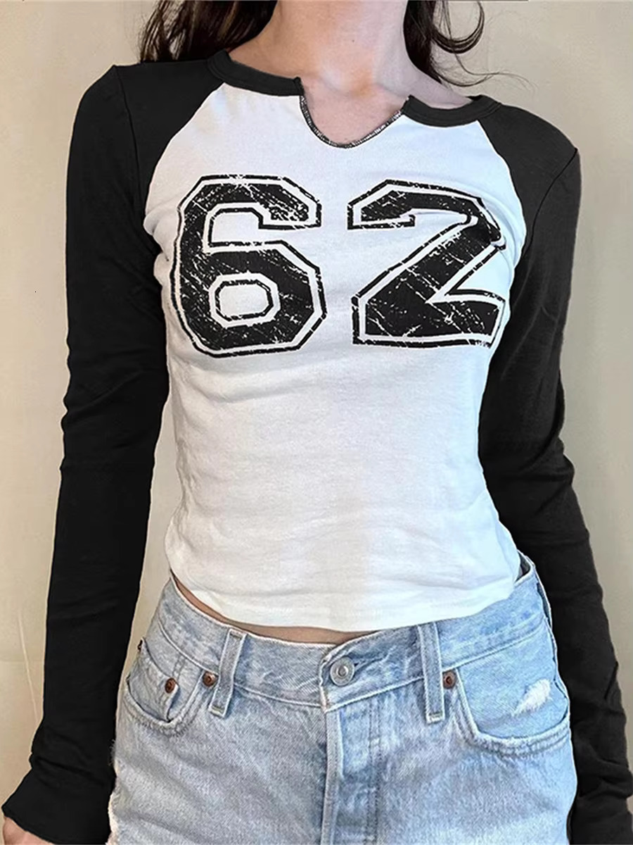 Women's Round Neck T-Shirts Number Print Raglan Long Sleeves Vintage Casual Crop Tops Female Autumn Slim Jumpers Streetwear Y2k