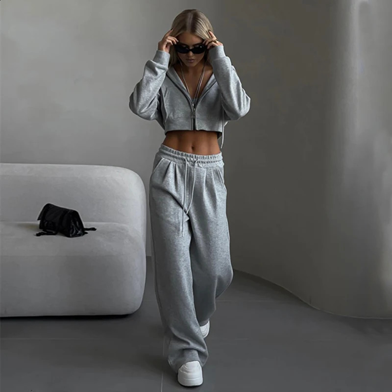 Spring womens casual suit Solid color short waisted hooded cardigan jacket Sports lace-up pocket pants Female two piece set 250118