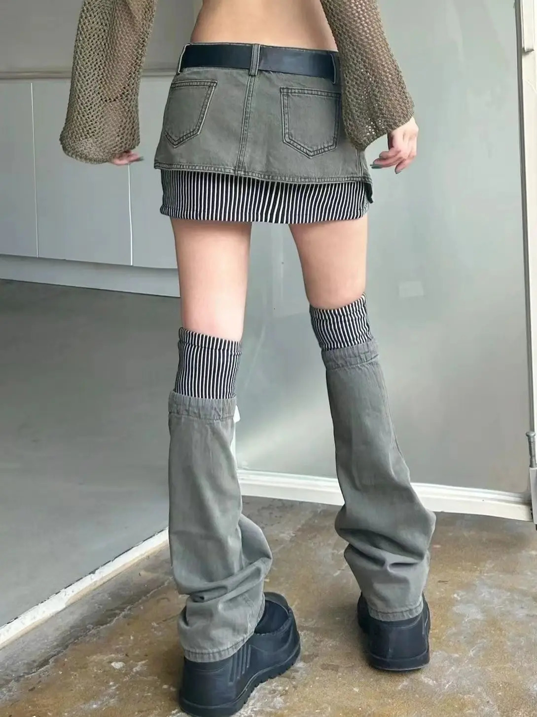 American retro patterned patchwork denim suit half skirt women Y2K irregular short leg cover twopiece set for wearing 250122