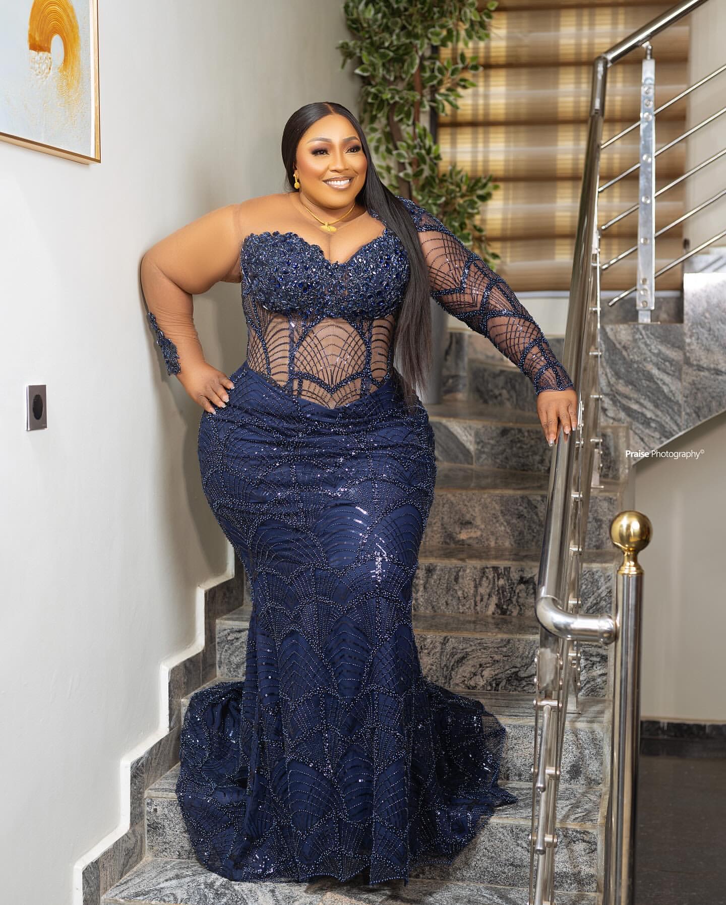 Aso Ebi Navy Blue Mermaid Prom Dresses 2025 Illusion Crystals Sequined Evening Formal Party Second Birthday Engagement Gowns Plus Size Dress For Speci