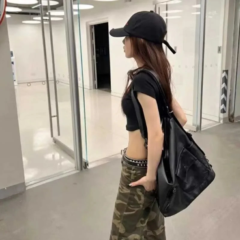 Black Vintage Women Shoulder Bag Plain Motorcycle Messenger Bags er Large Capacity Multi-functional Backpacks 250122