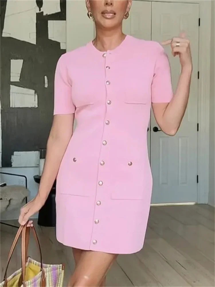 Pocket Knit Female Mini Dress Autumn 2024 Ribbed High Waist Fashion Patchwork Elegant Party Dress Knitwear Cardigan Dress 250110