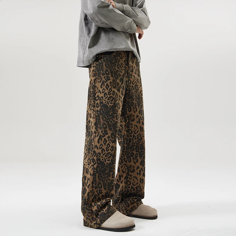 Y2K Leopard Jeans for Men Autumn and Winter Fashion Street Loose Cool Straight Wide Leg Casual Denim Trousers 250120