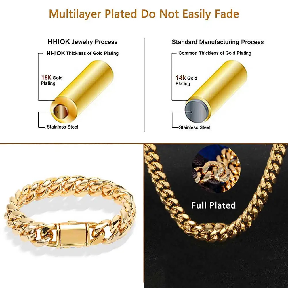 8mm-14mm Thick Stainless Steel Miami Cuban Link Bracelet Gold/Silver Plated Hip Hop Jewelry for Men Women 250115