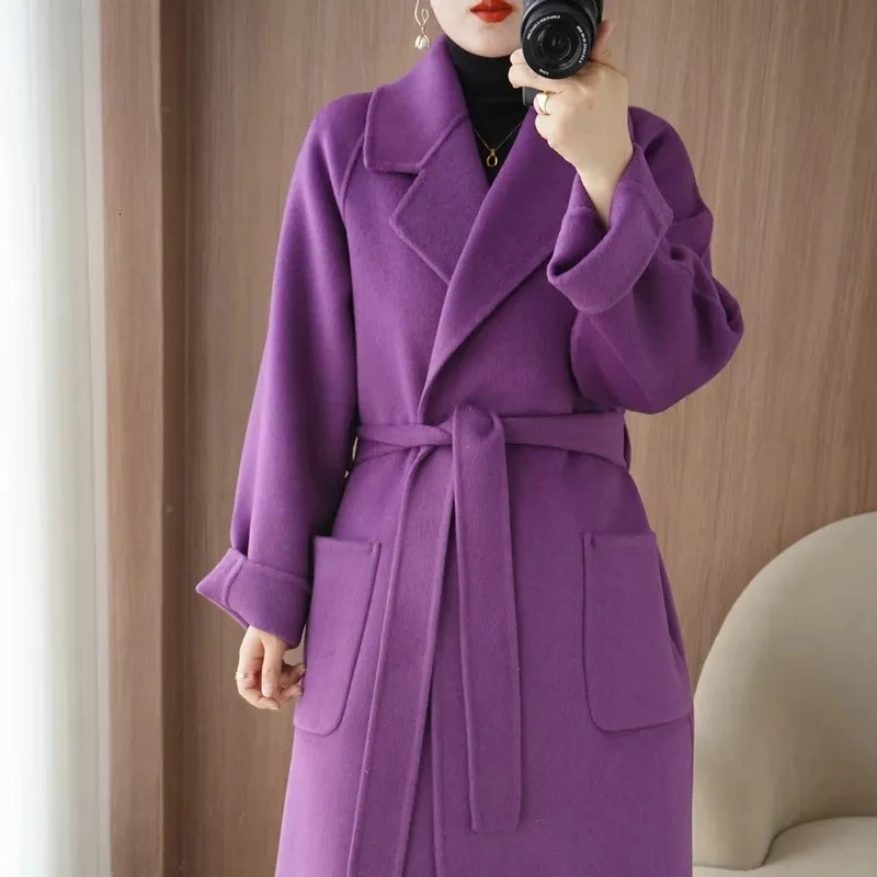 100 Wool Coat Womens Wear 2024 AutumnWinter Fashion Temperament Double sided Cashmere Coats with Belt Elegant Long Overcoat 250110