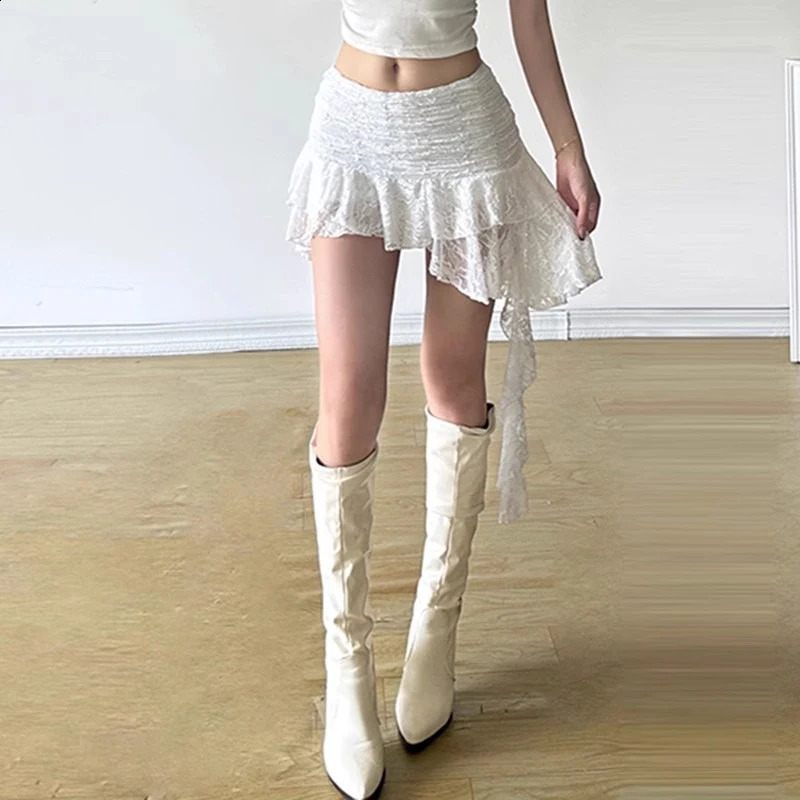 Lace Trim Irregular Streamers Skirt For Women Sweet Ruffled Short Retro tie Street Wear Dance Party Nightclub Versatile 250121