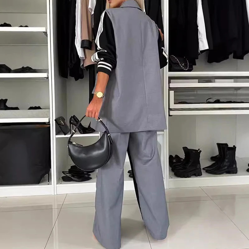 Elegant office double chest jacket set for autumn and winter womens loose long sleeved set fashionable color blocked straight pants set 250118
