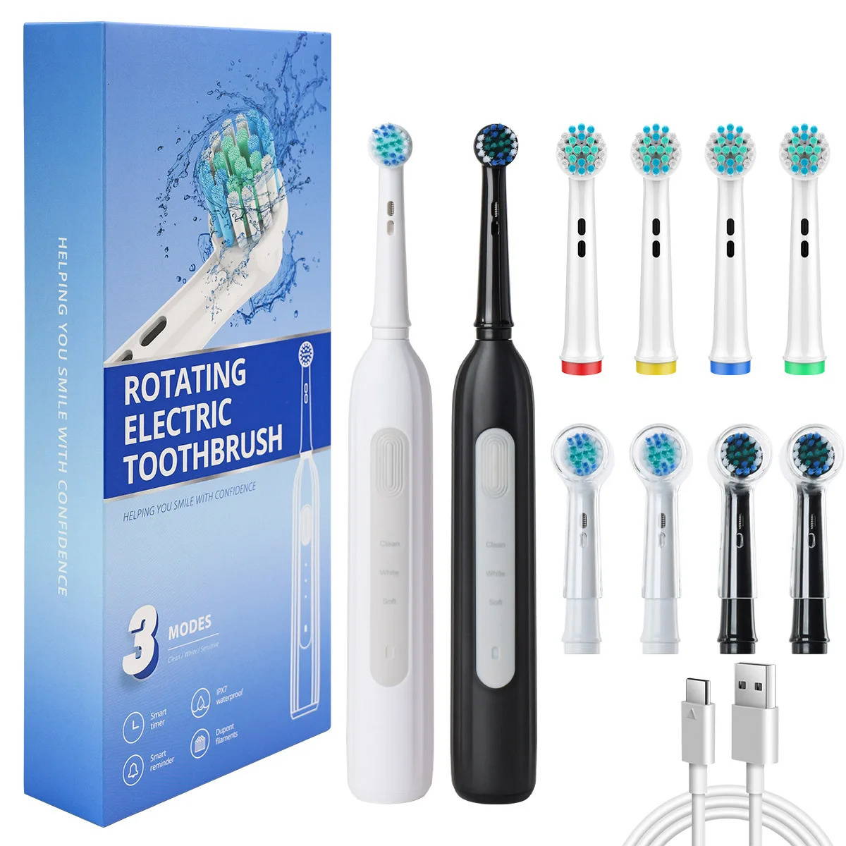 Rotating electric toothbrush suitable for adults equipped with 6 brush heads typec charging 3speed 2minute timed zoning 250115