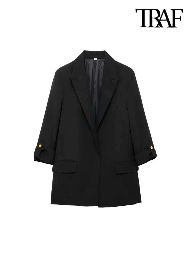 TRAFWomens Open Blazer Coat with Turnup Sleeves Front Flap Pockets Female Outerwear Chic Tops Fashion 250120