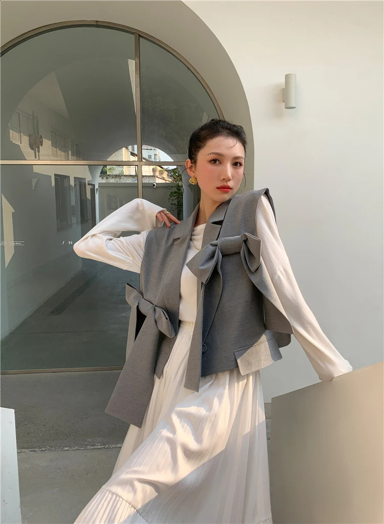 CHEERART Fashion Women Gilet Grey Vest Bow Sleeveless Blazer Coat Loose Crop Jacket Single Button Waist 250113Z