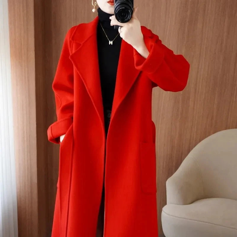 100 Wool Coat Womens Wear 2024 AutumnWinter Fashion Temperament Double sided Cashmere Coats with Belt Elegant Long Overcoat 250110