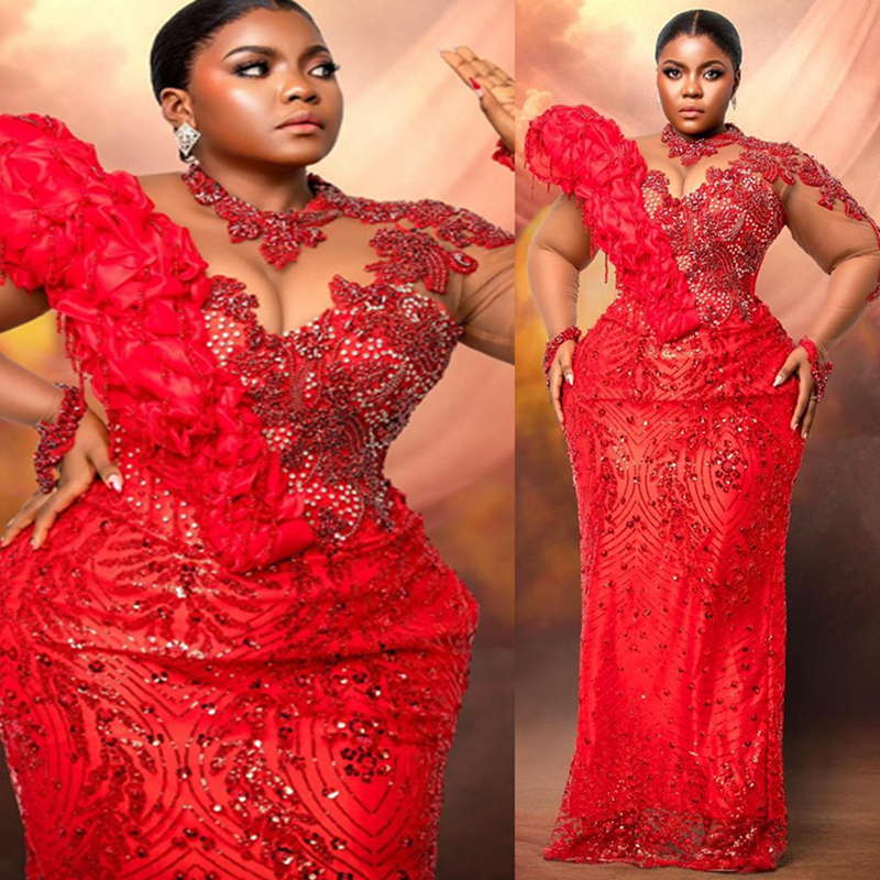 2025 Plus Size Aso Ebi Red Prom Dresses Mermaid Evening Gowns For Black Women Illusion Sheer Neck Long Sleeves Beaded Lace Birthday Dress Second Recep