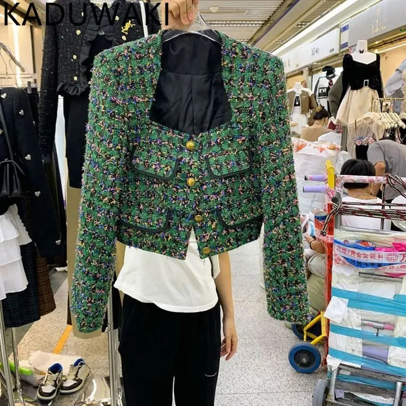 Autumn Winter Sqaure Neck Tweed Jacket Women Vintage Elegant Small Fragrant Short Coat French Style Chic Fashion Tops 250122