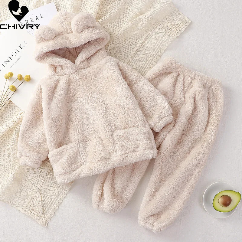 Kids Winter Pajama Sets Baby Boys Girls Thicken Fleece Warm Home Wear Children Cute Bear Hooded Sleepwear Pyjamas Clothing 250121
