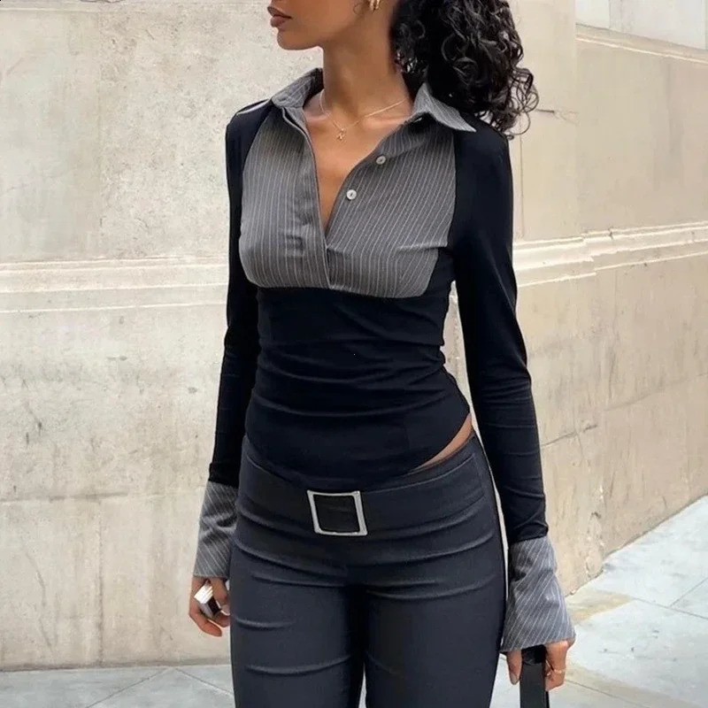 Official Ladies Stripe Print Patchwork Shirts Fashion Polo-neck Button Skinny Crop Tops Autumn Elegant Shirts 250113