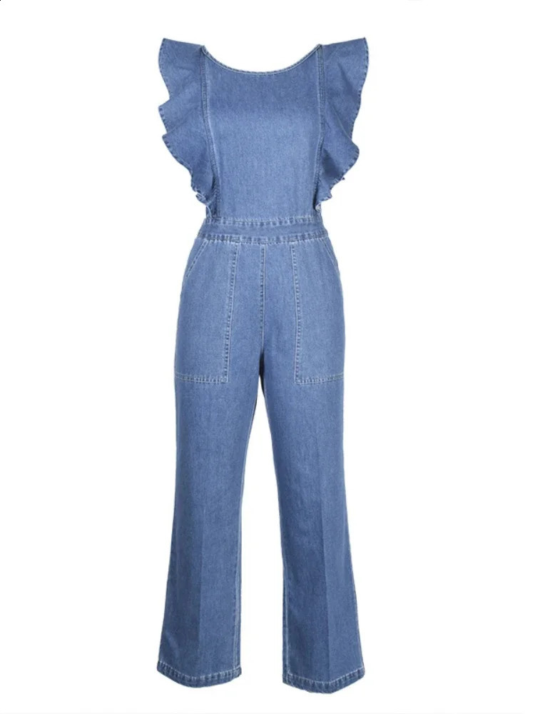 Blue Denim Overalls Jumpsuit Rompers Women Ruffles Backless Summer Lady Casual Fashion Female Pants Jeans KALENMOS 250122
