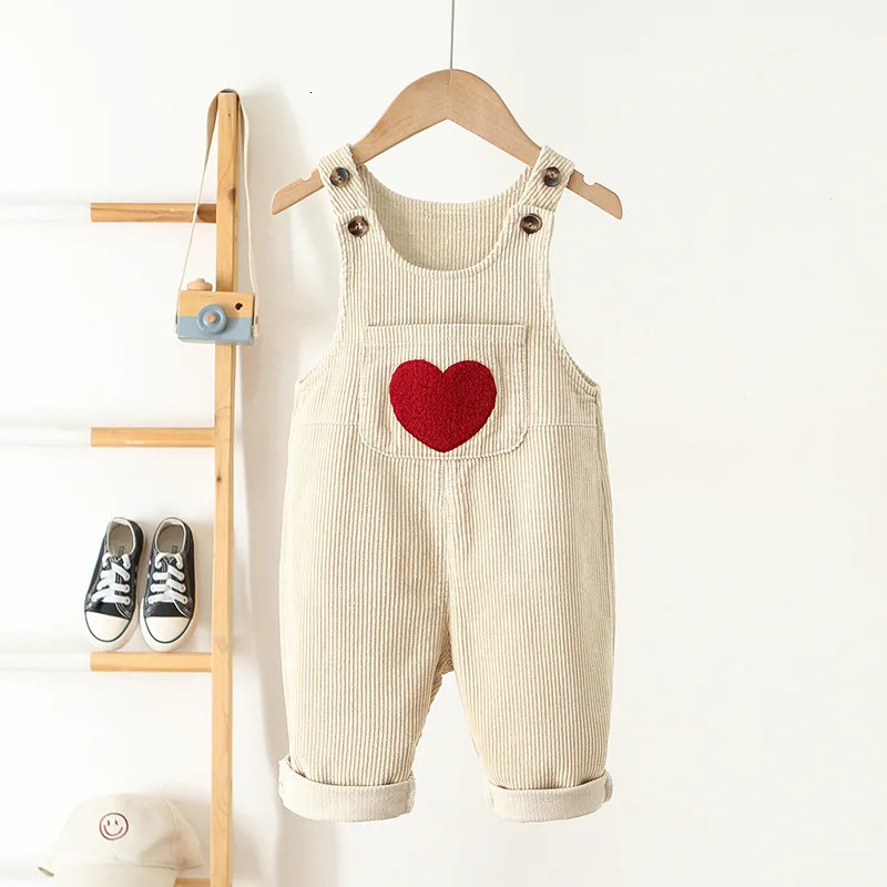14Y Spring Kids Baby Clothes Heart Embroidery Boys Girls Bib Pants Solid Overalls Corduroy Casual Suspender Outwear 250117