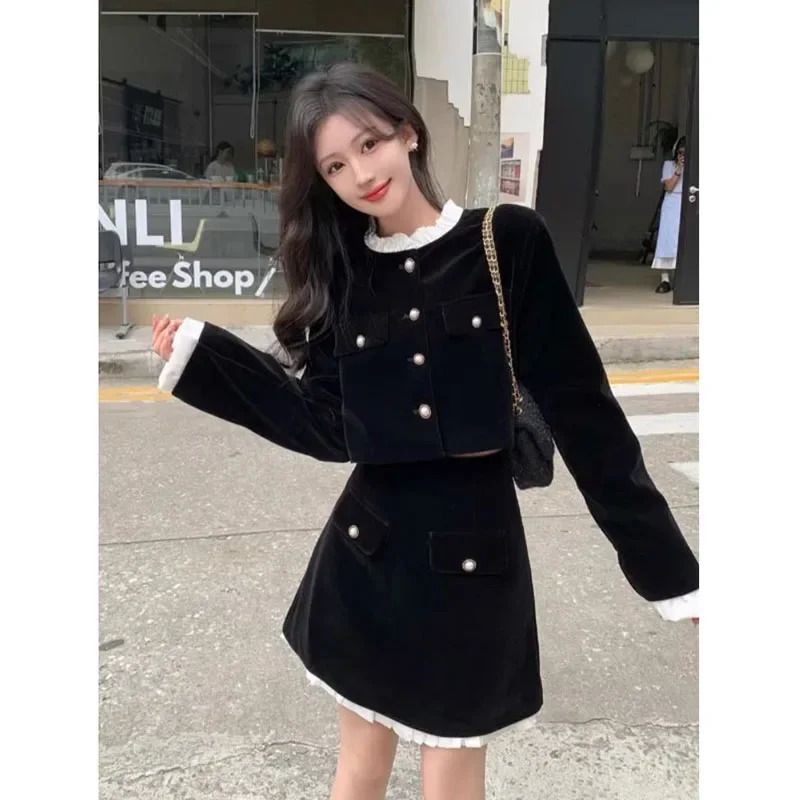 Hepburn Style Velvet Little Black Dress Set French Small Fragrance n Sense Two Piece Female 250122