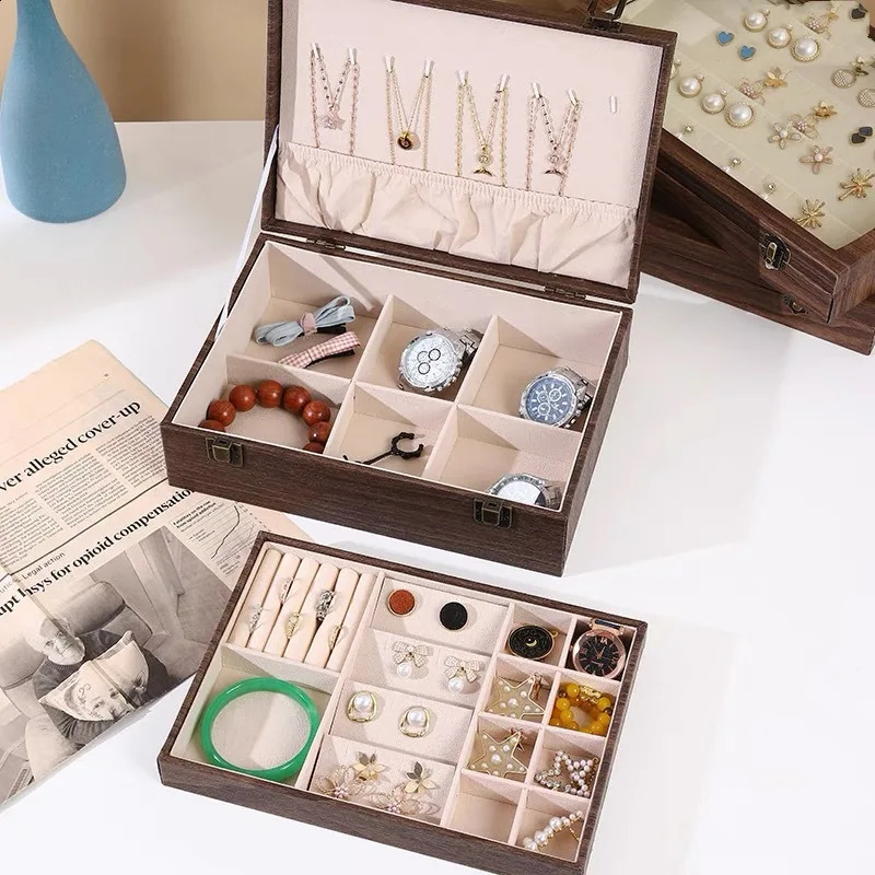 Large Capacity Wooden Pattern Jewelry Storage Box Dustproof Cover Earring Ring Necklace Storage Case For Precious Metals 250117