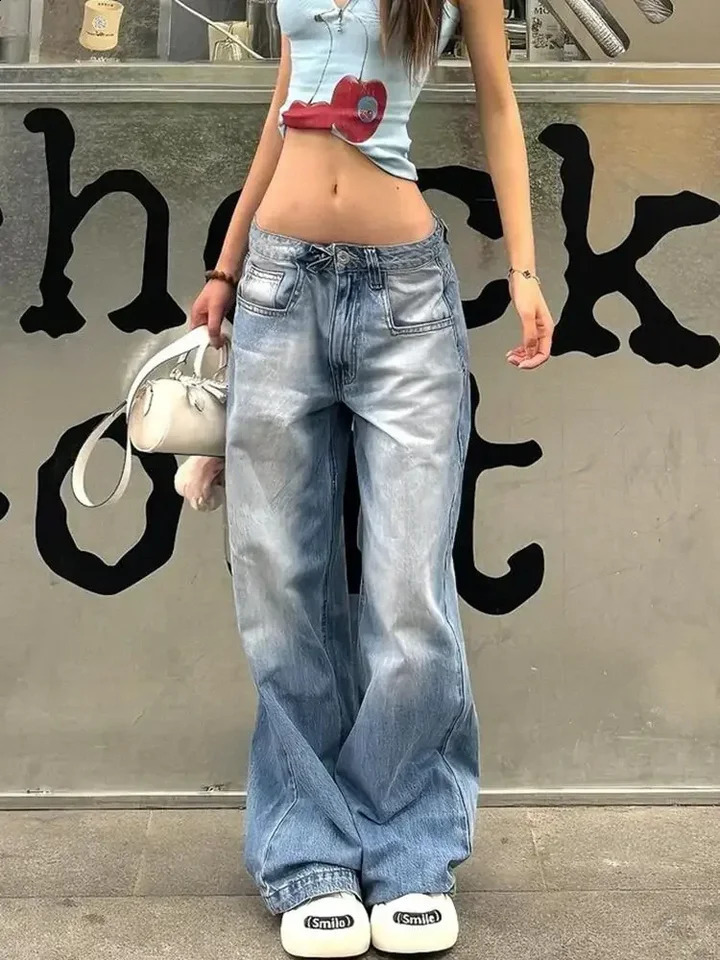 Women American Vintage Y2k Japanese Harajuku Shoujo Tomboy Baggy Low Rise Denim Pants Long Trousers 2000s Aesthetic Jean Kpop 250118