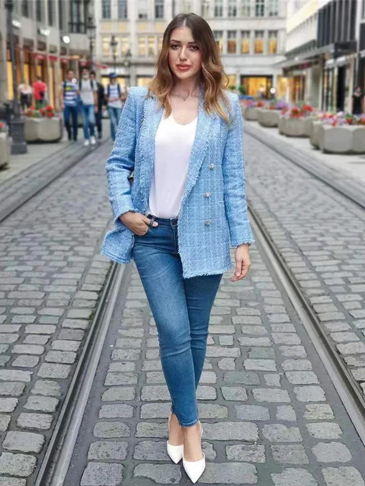 Tweed Women Elegant Blue Jacket Fashion Ladies Vintage Loose Stylish Jackets Casual Female Outerwear Girls Chic 250122