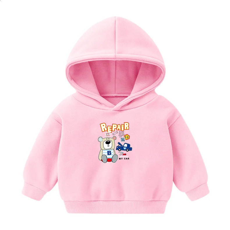 Toddler Girl Fall Blouses Kid Boys Spring Hooded Sweater Fleece Clothes Baby Children Pink Soild Cartoon Print Long-sleeved Tops 250121