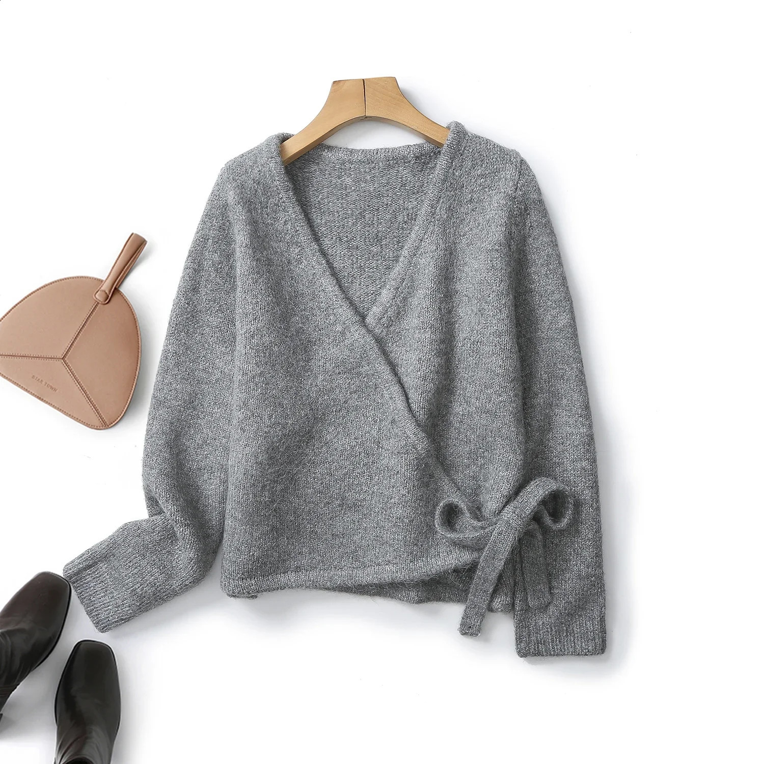 Ethereal massdutt winter style of Womens casual standard version grey wool blend asymmetrical cardigan 250116