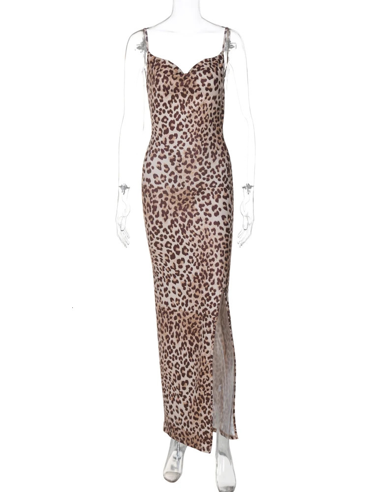 Hugcitar 2024 Leopard Print Slips Backless Slit Sexy Slim Maxi Dress Summer Women Fashion Y2K Outfits Party Beach Festival 250113