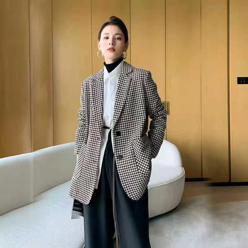 Korean Vintage Coat Woolen Plaid Houndstooth Blazer Elegant Spring Autumn Office Lady Belt Oversize Chic Jacket Outerwear 250113