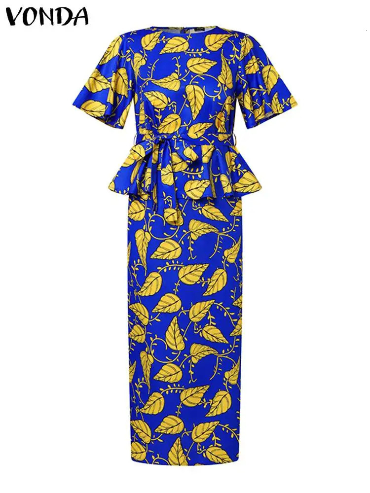 VODA Summer Retro Womens Floral Printed Bohemian Dress Set Short Sleeve Ruffle 2-piece Casual Top Long Skirt Set 250110