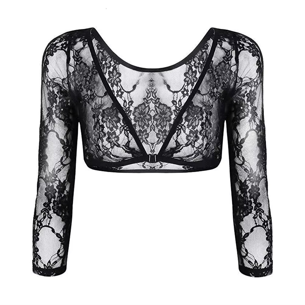 Women Mesh Lace See Through Long Sleeve Crop Tops Sheer Seamless Shaper T Shirt Shrugs T-Shirts Tees Woman Clothing