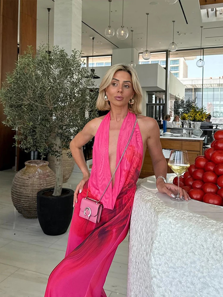 Women Halter Print Elegant Evening Party Dresses 2024 Summer Backless Bodycon Temperament Sleeveless Ladies Drape Tie Dye Dress 250121