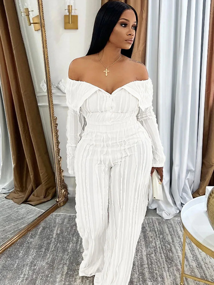 BKQU White Ruched Two Piece Sets Women Sexy Off Shoulder Long Sleeve Crop Top and Wide Leg Pants Matching Party Club Outfit 250118