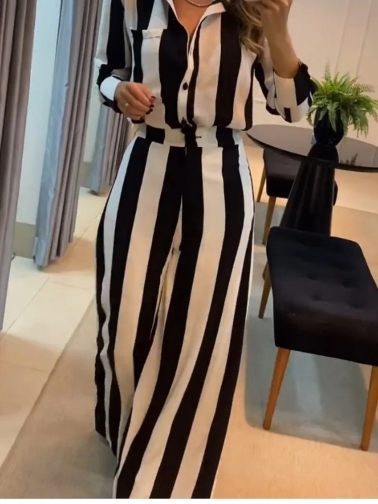 Autumn Wide Leg Long Pant Sets Two Piece Set Women Casual Fashion Striped Pocket Shirt Trousers Streetwear Suit 250118