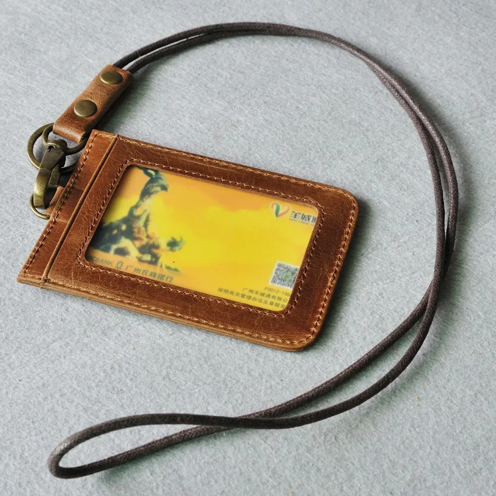 Retro Leather Work Credential Lanyard with Card Holder Neck Strap Cowhide Leather Id Badge Holder Staff Card Bus ID Card 250120