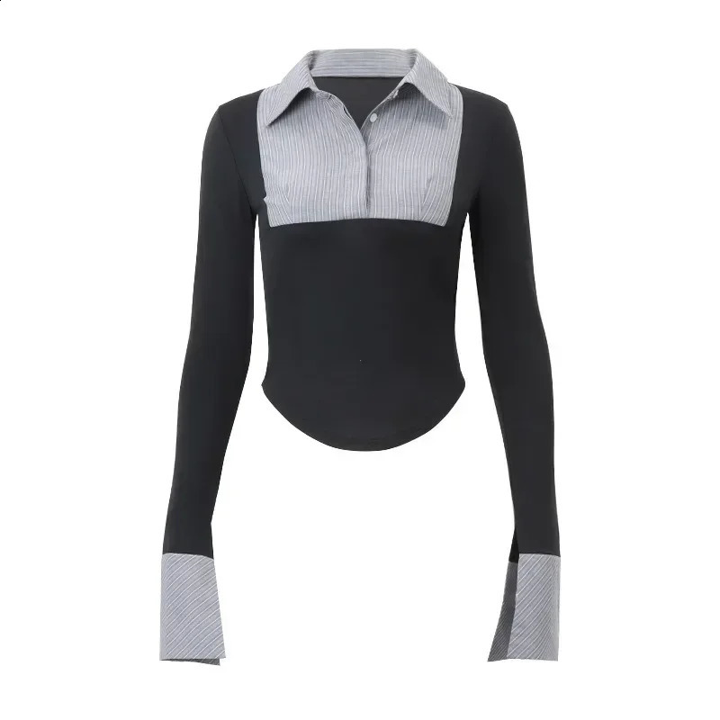 Official Ladies Stripe Print Patchwork Shirts Fashion Polo-neck Button Skinny Crop Tops Autumn Elegant Shirts 250113