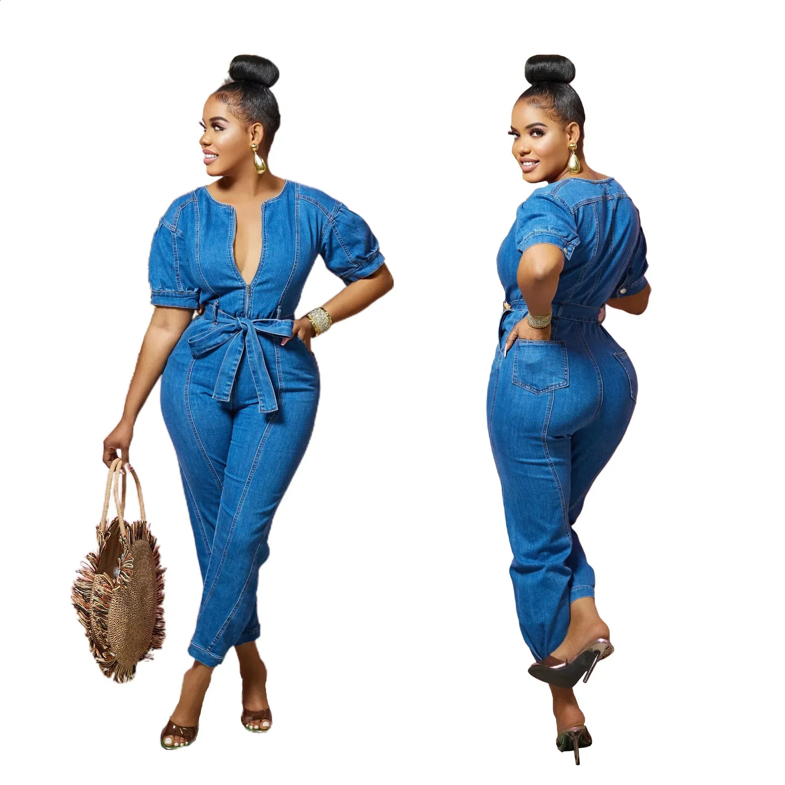Women One Piece Round Neck Tight High Waist Lace Up Bow Overalls Slim Fit Denim Jumpsuits Sheath Long Pants Rompers Spring 250122