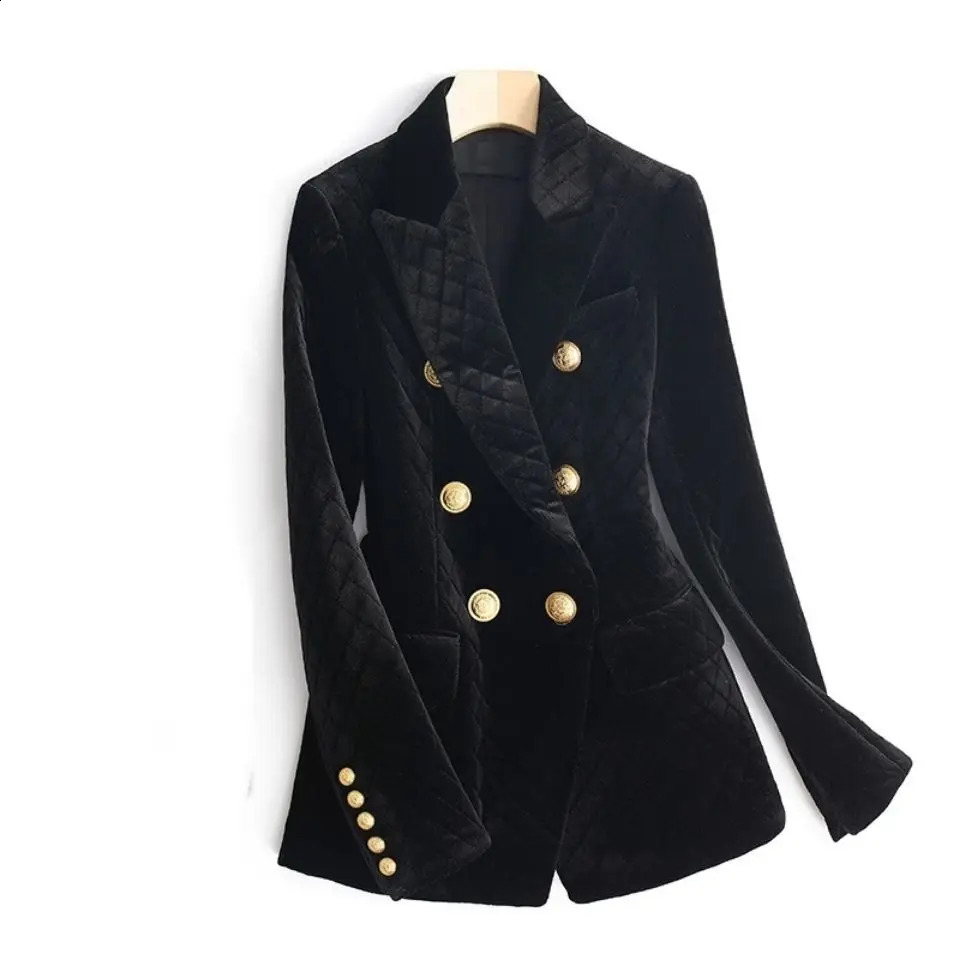 2024 Autumn Winter Cotton Velvet Suit Double Row Metal Buckle Blazer Jacket High Waist Cinching Slimming Womens Warm 250113