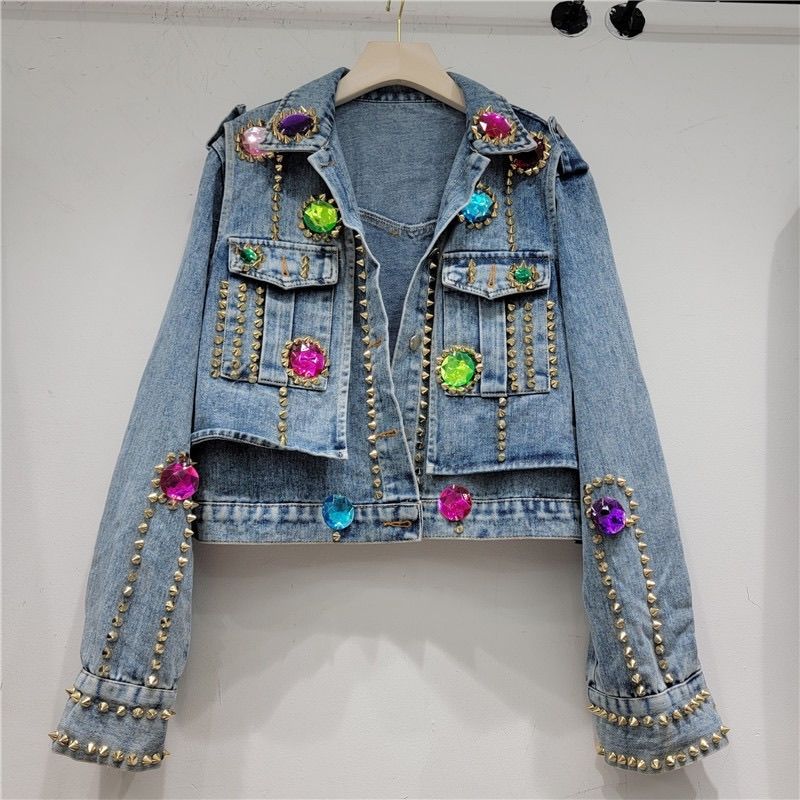 New designer women luxury gem rhinestone crystal patchwork spring denim jeans jackets coats SML