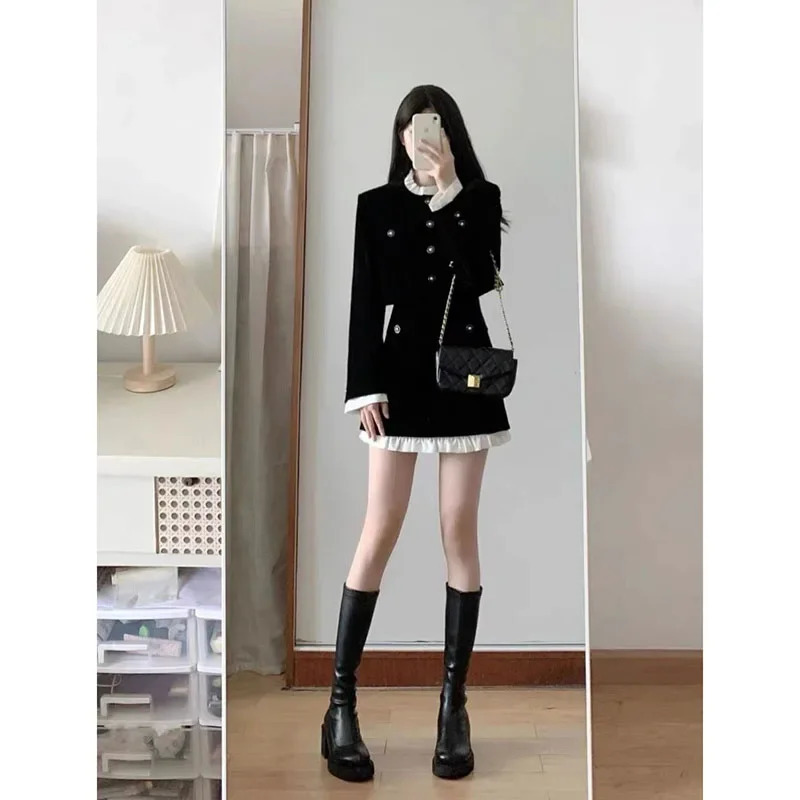 Hepburn Style Velvet Little Black Dress Set French Small Fragrance n Sense Two Piece Female 250122