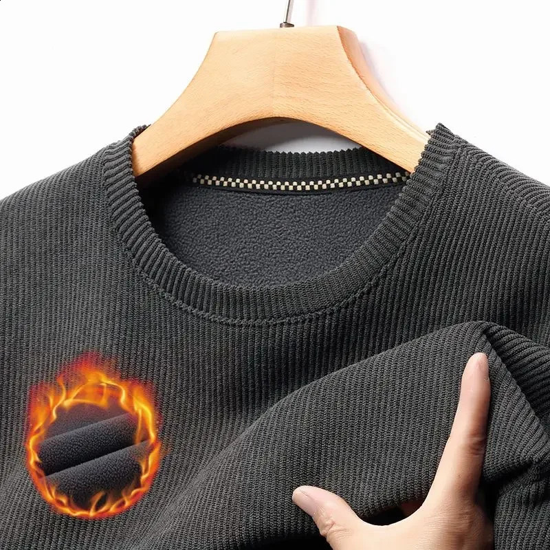 Mens Plush Thick Round Neck Long Sleeved Tshirt Korean Sweater Highend Warm Bottom Shirt Solid Color Top 250122