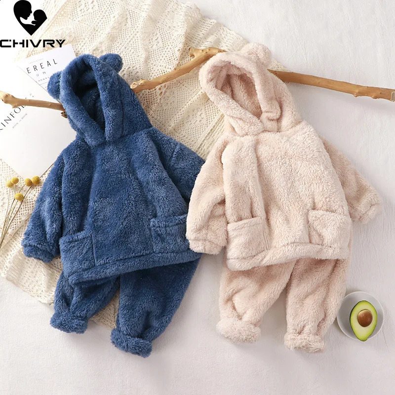 Kids Winter Pajama Sets Baby Boys Girls Thicken Fleece Warm Home Wear Children Cute Bear Hooded Sleepwear Pyjamas Clothing 250121