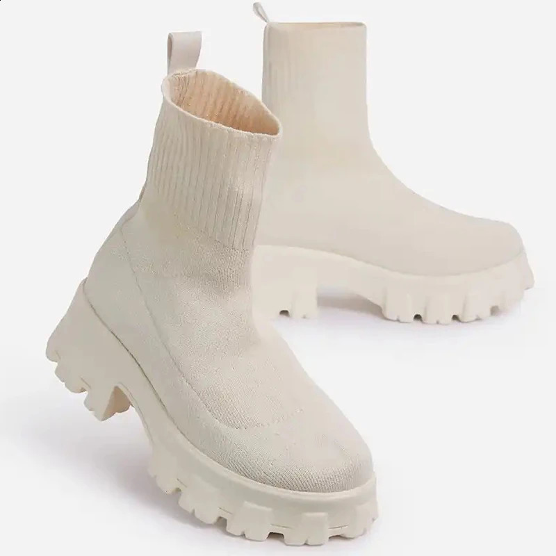Women Boots White Platform For Winter Autumn Botas Femininas Socks Ankle Shoes Heels Botines Mujer 250117