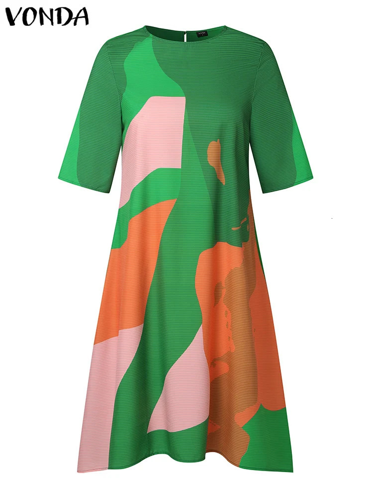 Plus Size 5XL VONDA Women Summer Midi Dress 2024 Bohemian Printed Vintage Half Sleeve Asymmetrical Sundress Loose Casual Robe 250121